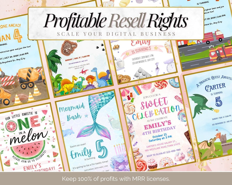 Digital Birthday Invitations Bundle | PLR & MRR Digital Product | 35 Canva Templates for Print on Demand and Digital Marketing