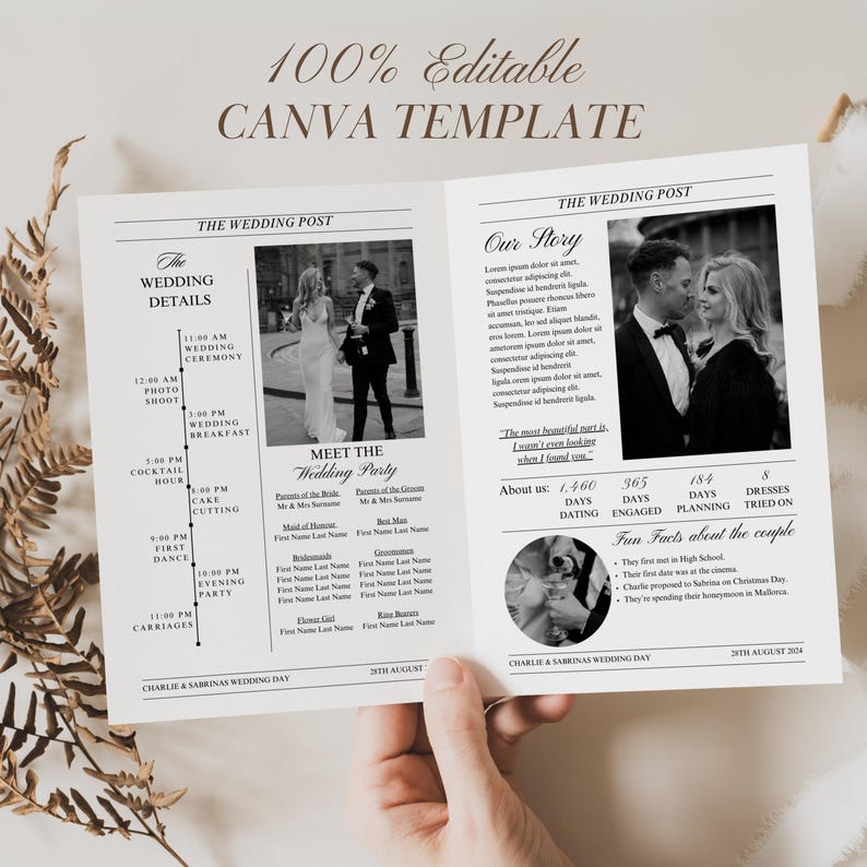 Folded Printable Wedding Newspaper Program Canva Template, Newlywed Times Newspaper Wedding Program, Infographic Ceremony Newspaper Schedule