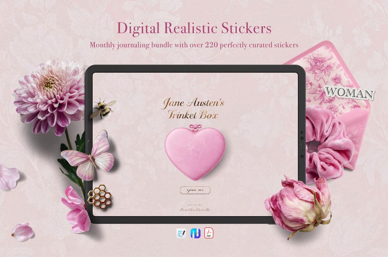 Digital Sticker Bundle Jane Austen Trinket Box | Realistic Goodnotes Stickers Regency Era | Feminine Journaling Kit PNG