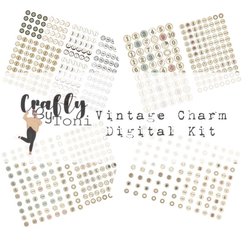 Vintage Charm Ephemera Digital Kit … 4 Printable Pages …Junk Journal Charms, Clusters & Dangles… Instant Download