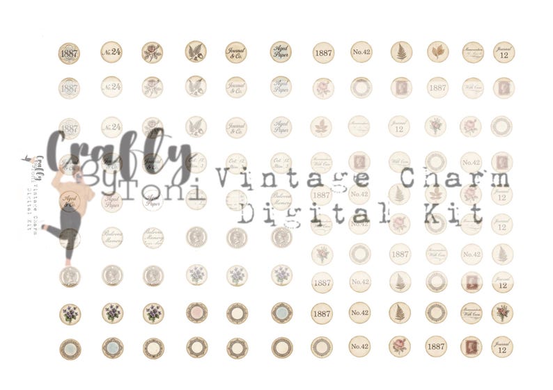 Vintage Charm Ephemera Digital Kit … 4 Printable Pages …Junk Journal Charms, Clusters & Dangles… Instant Download