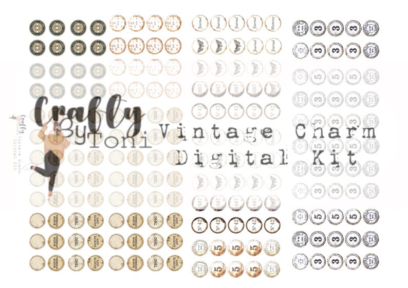Vintage Charm Ephemera Digital Kit … 4 Printable Pages …Junk Journal Charms, Clusters & Dangles… Instant Download