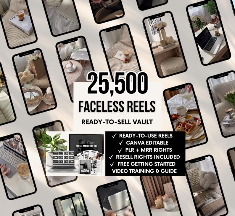 25,500+ Faceless Reels Bundle with PLR & MRR, Ready-To-Resell Digital Product Vault, Private Label Rights, Canva Editable, Faceless Video