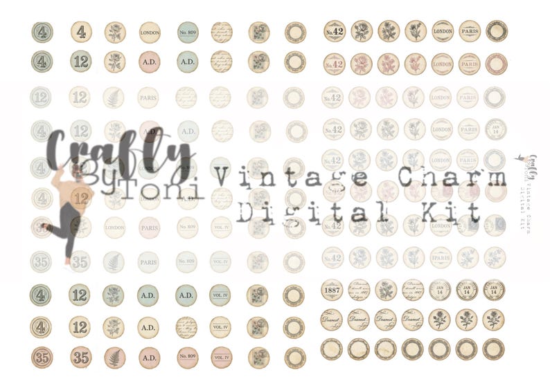 Vintage Charm Ephemera Digital Kit … 4 Printable Pages …Junk Journal Charms, Clusters & Dangles… Instant Download