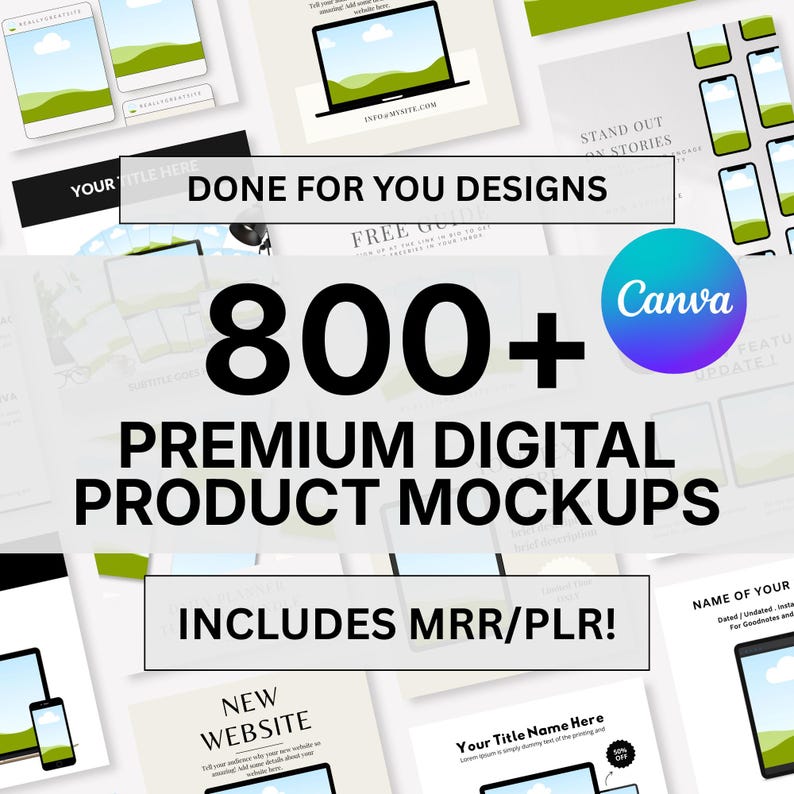 800+ Canva Mockup Templates Bundle: Digital Product Mockups (PLR/MRR)