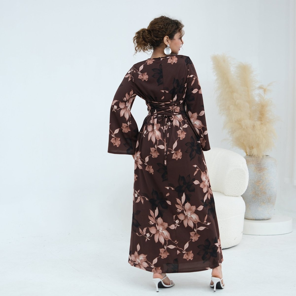 Ink Floral Satin Maxi Dress(MA434)