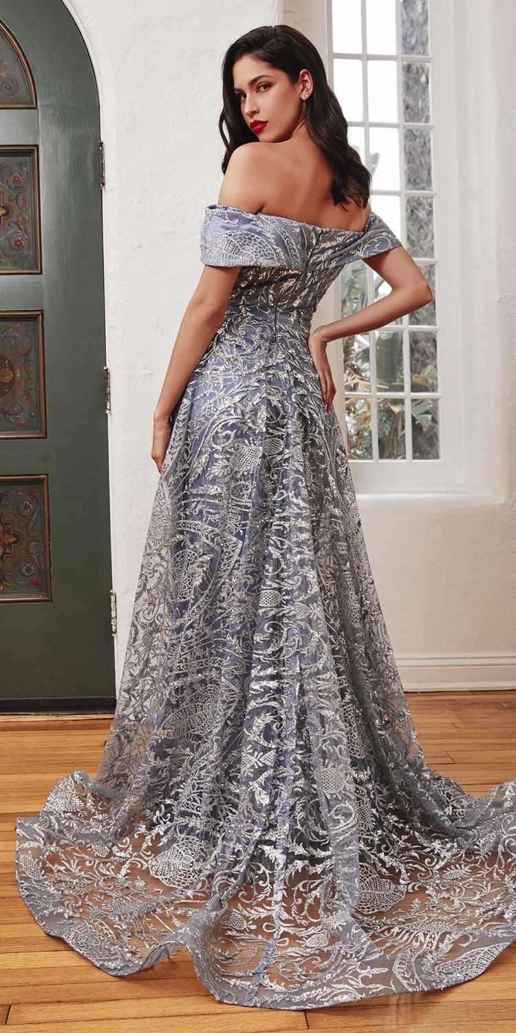 Ladivine J836 Long Off the Shoulder Lace Gown with Over Skirt