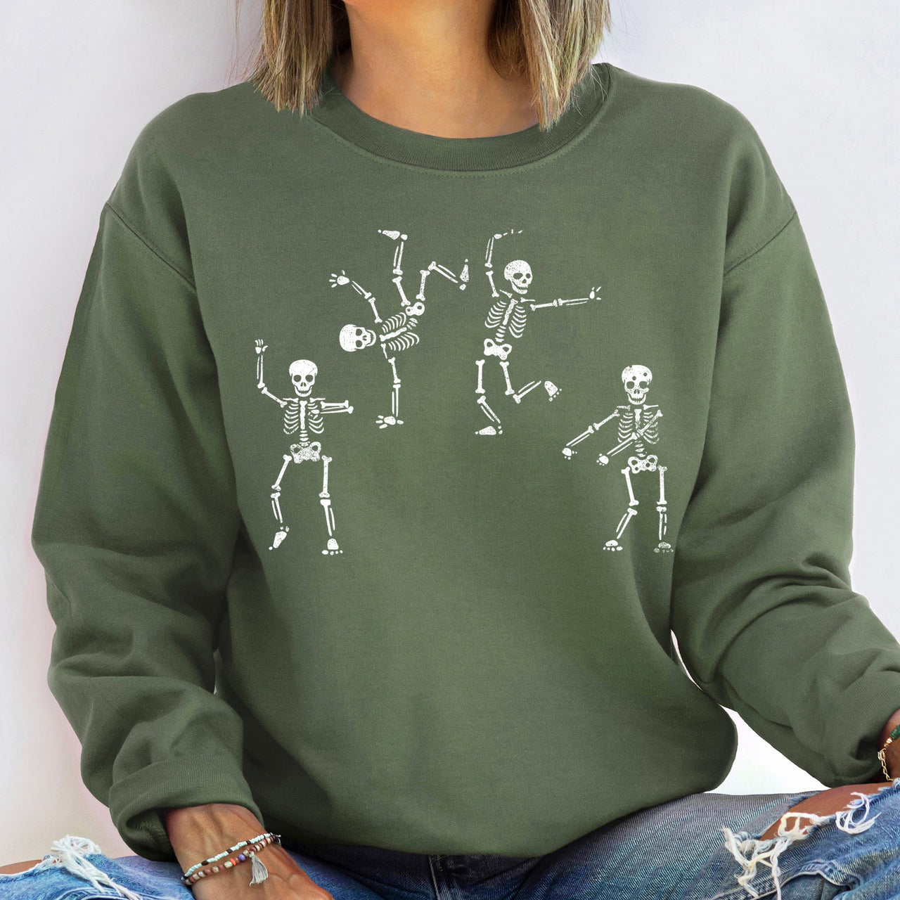 Jumping Skeletons Vintage Halloween Spooky Night Parade Illustration Limited Edition Sweatshirt