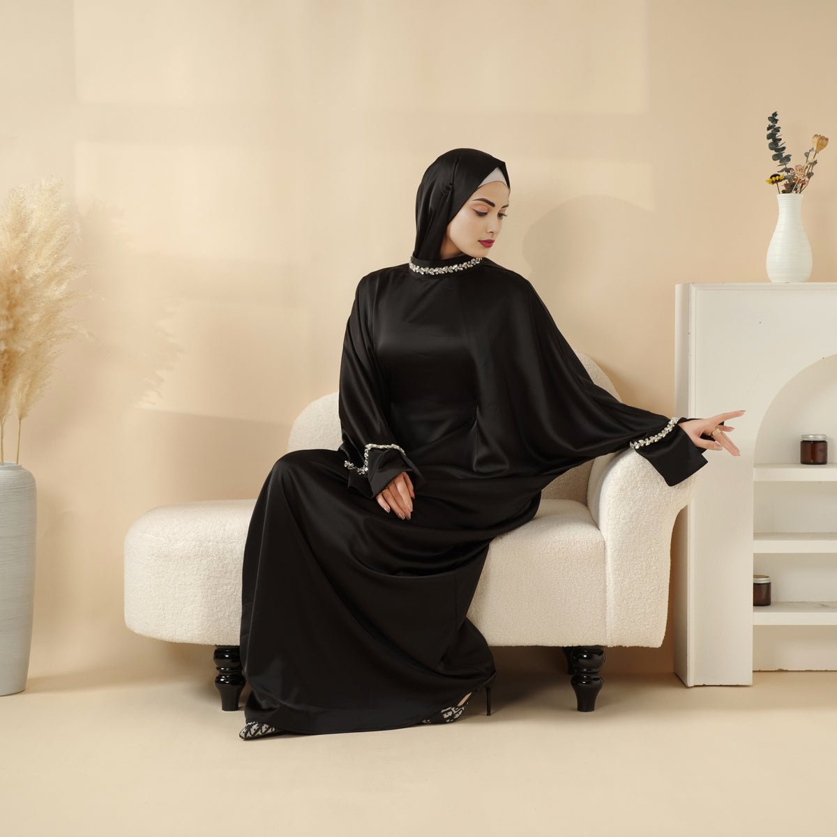 Kaftan Batwing Sleeve Luxury Satin Diamond Abaya 2-Piece Set (MA121)