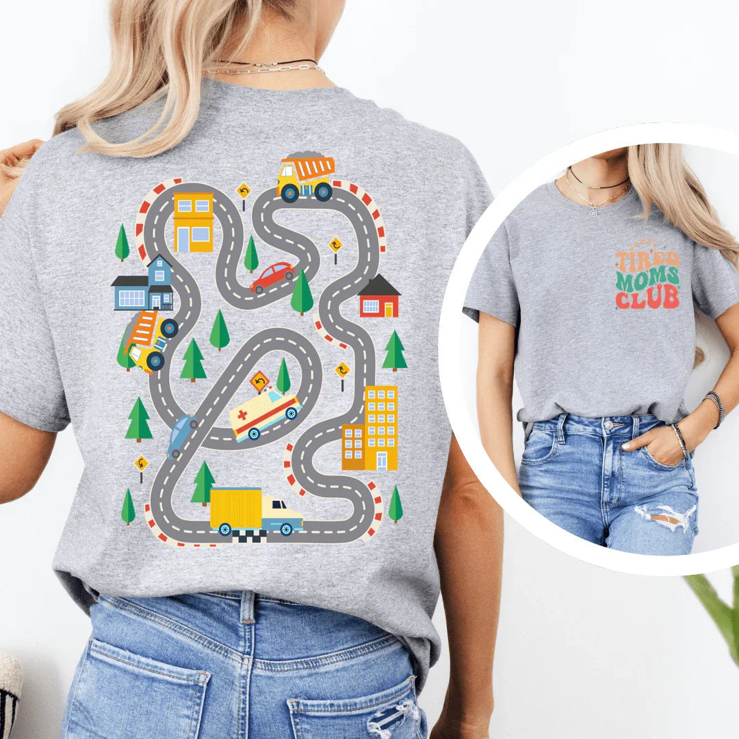 Kids Play Car Race On Mom’s Back Tee