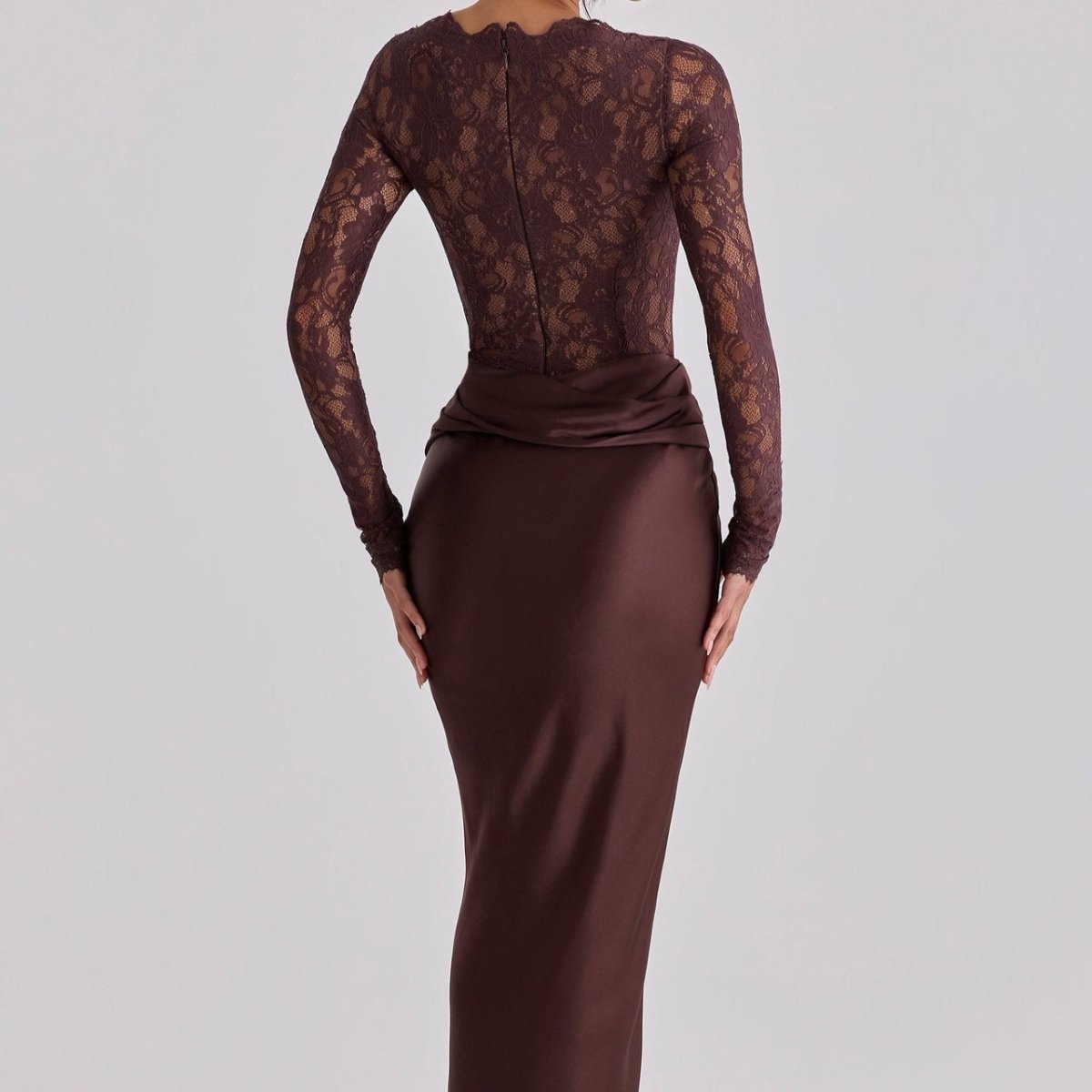 Lace Bodice Satin Ruched Mermaid Maxi Dress(MS415)