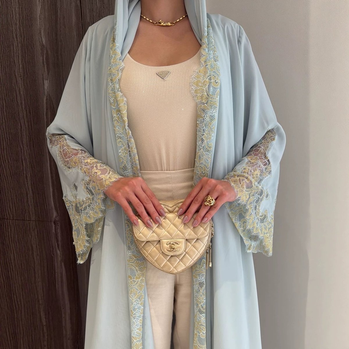 Lace-Panel Flared-Sleeve Open Abaya with Pockets(MOA332)