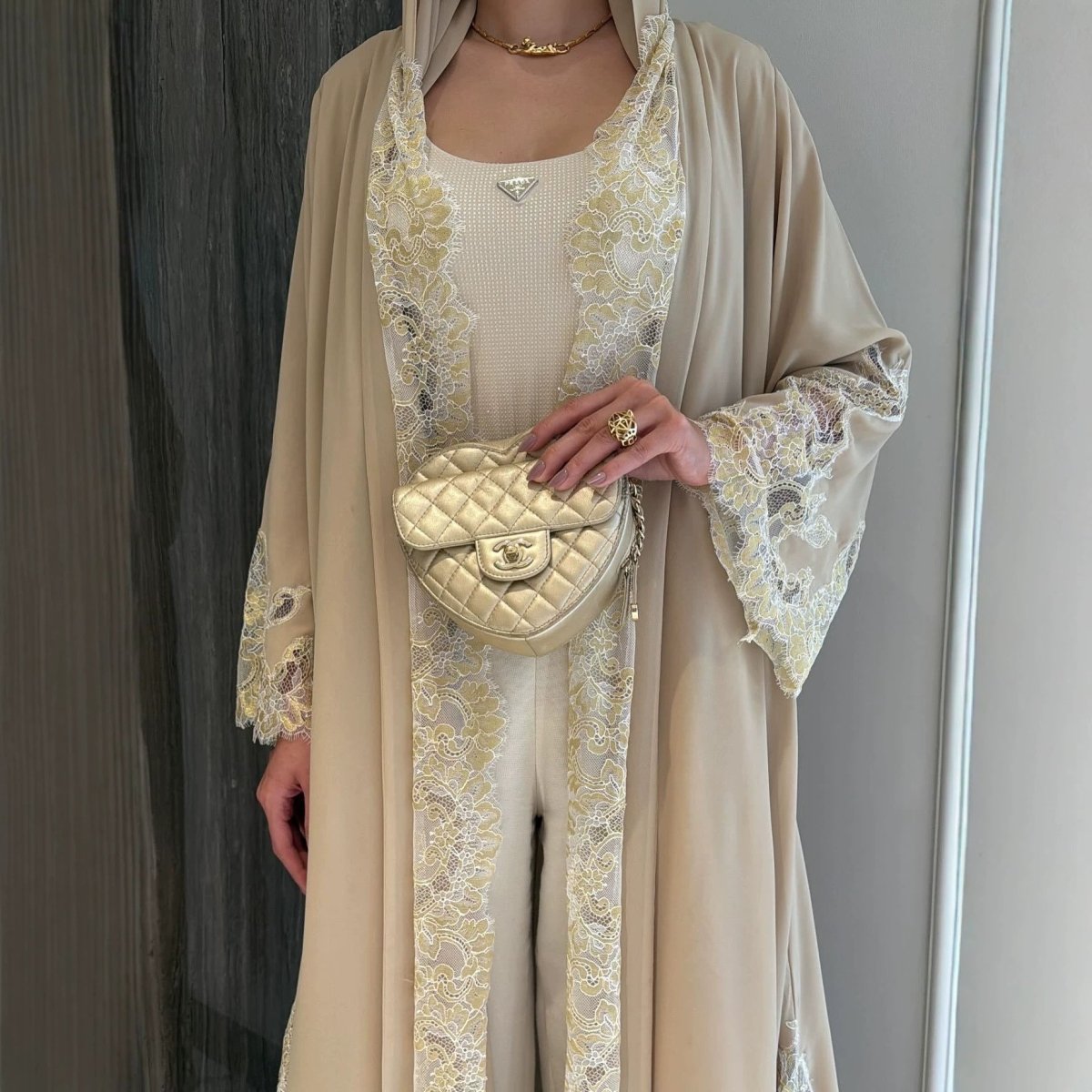 Lace-Panel Flared-Sleeve Open Abaya with Pockets(MOA332)