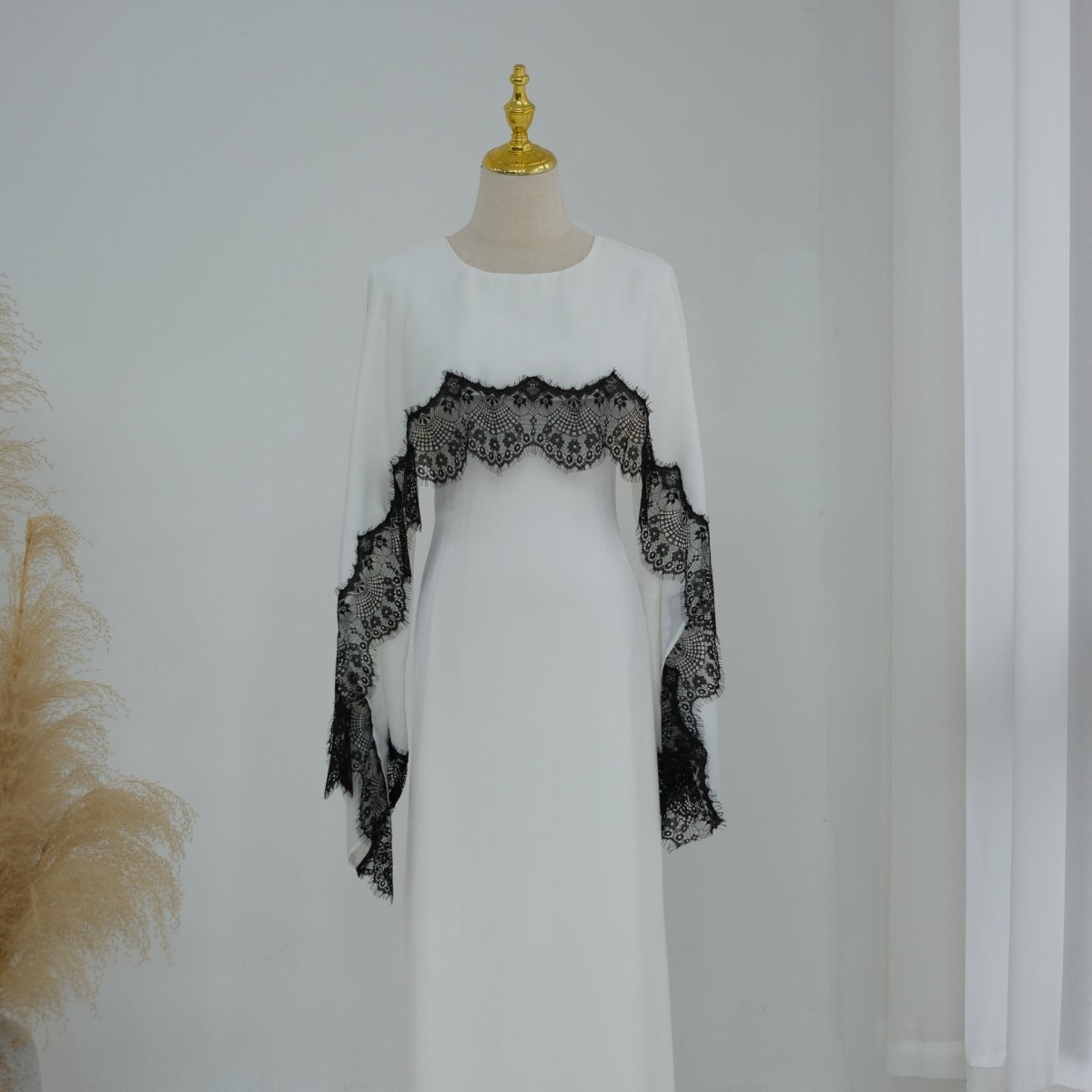 Lace Splice Satin Maxi Dress with Fixed Cape(MS438)