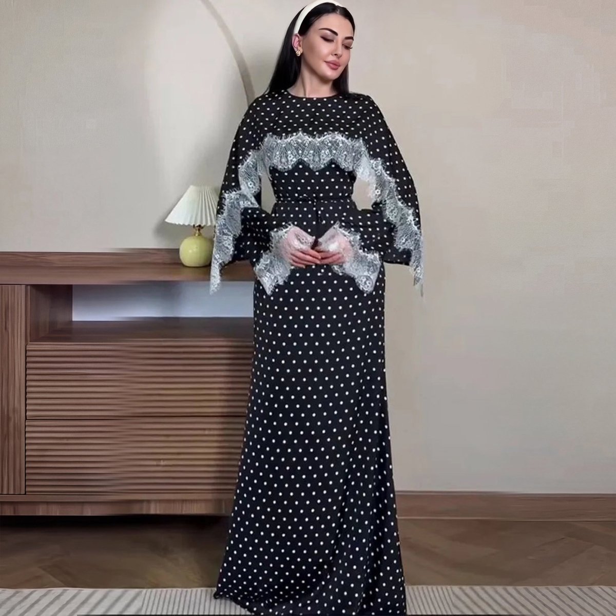 Lace Splice Satin Maxi Dress with Fixed Cape(MS438)
