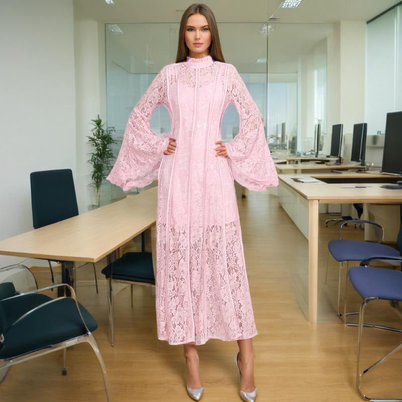 Lace Stand Collar Bell Sleeve Maxi Dress (MS395)