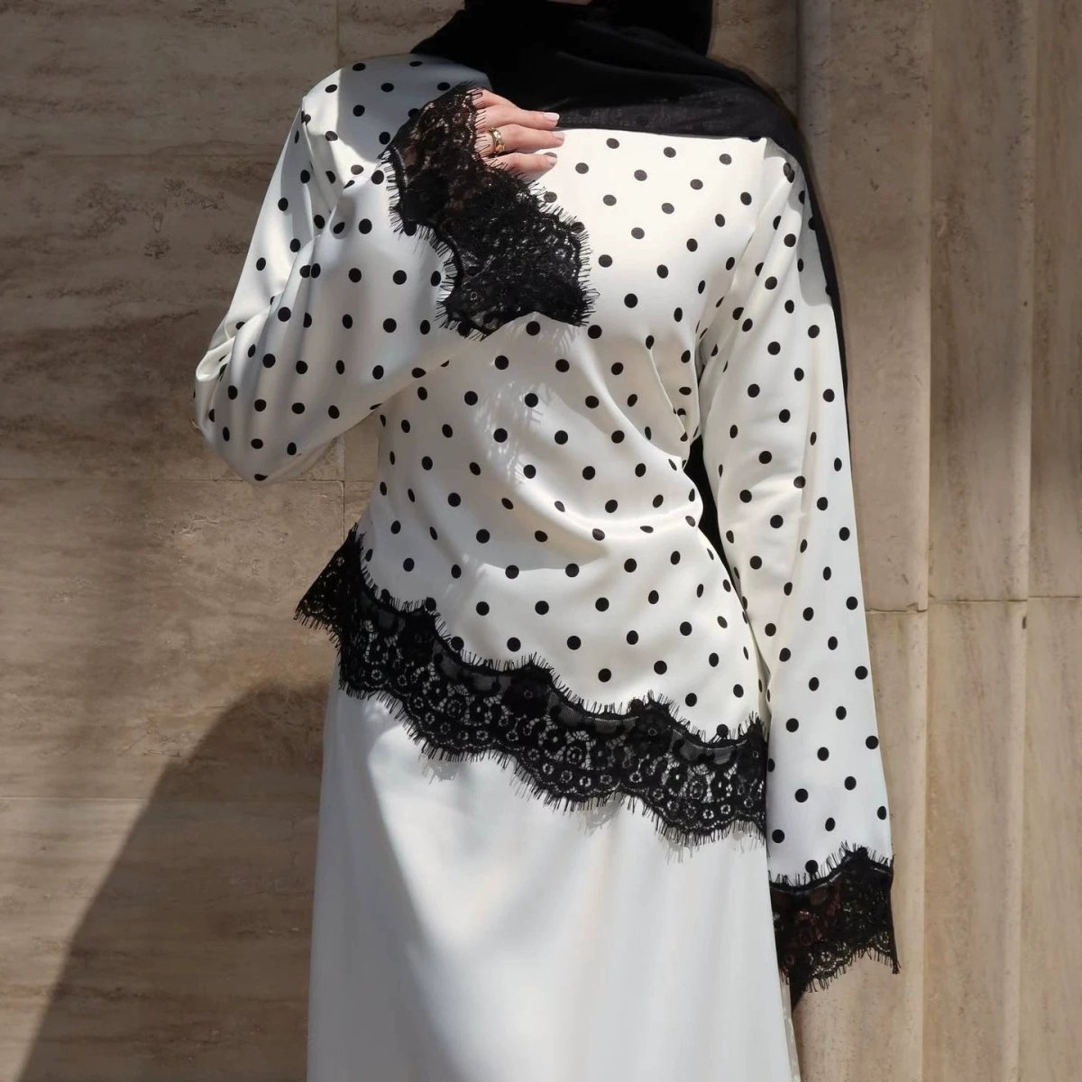 Lace Trim Contrast Panel Satin Top(MS407)