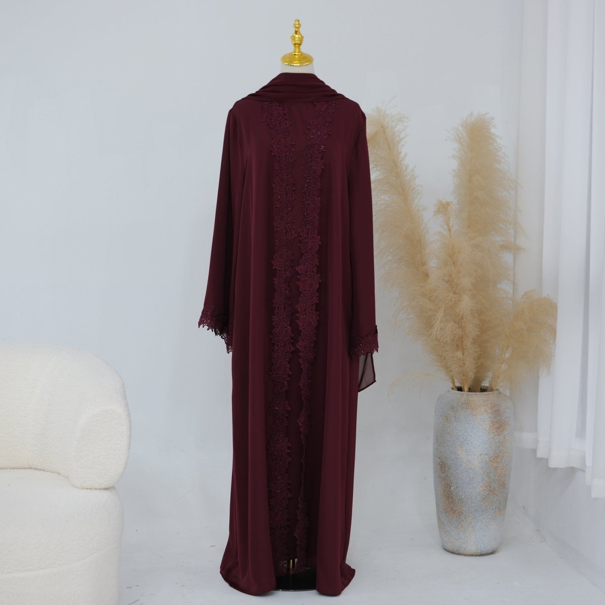 Lace-Trim Nida 3-Piece Abaya Set(MOA330)