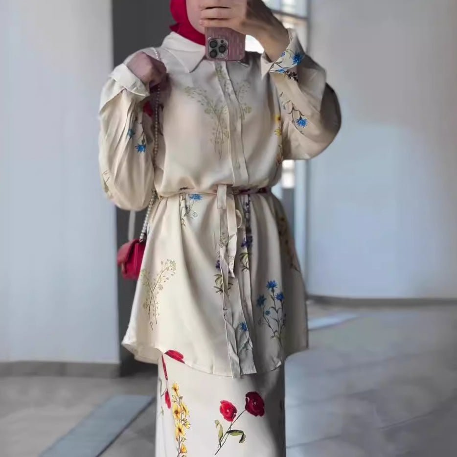 Lace-Up Thin Fashion Flower Print Dress Set(MS082)