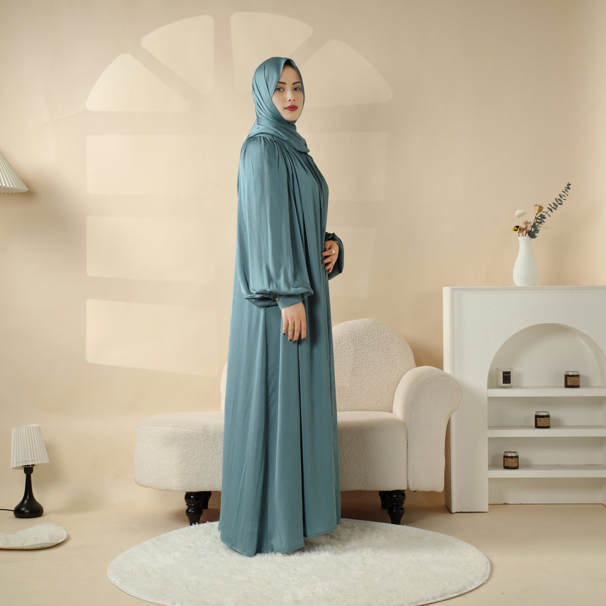 Lantern Sleeve Abaya, 4-Piece Set Large Pleated Sleeves Abaya (MOA084)