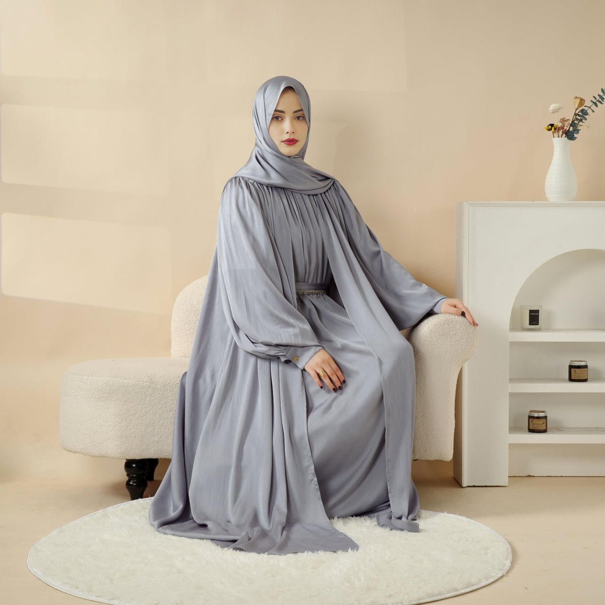 Lantern Sleeve Abaya, 4-Piece Set Large Pleated Sleeves Abaya (MOA084)