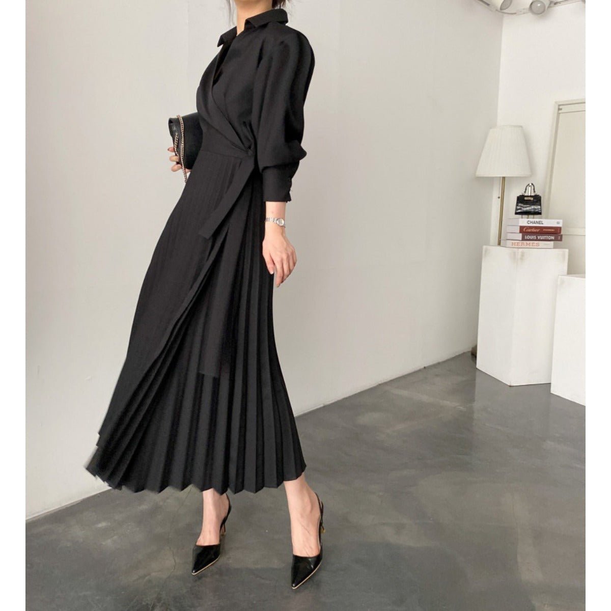 Lapel Bow Tie Waist Dress | Skinny Bubble Sleeve Pleated Midi Dress (MA240)