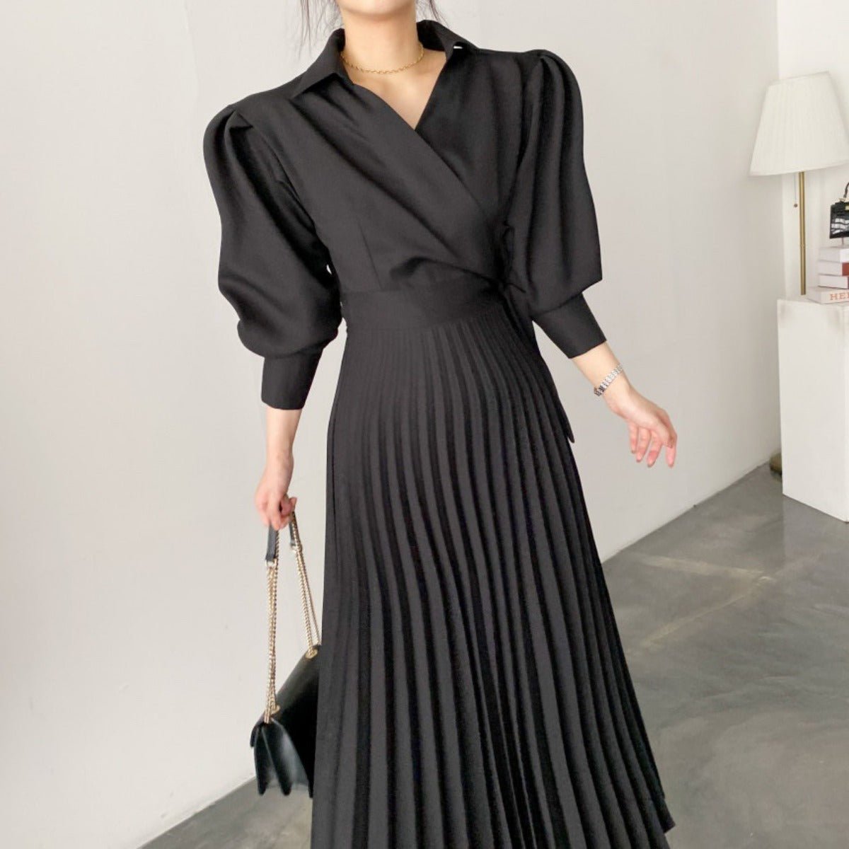 Lapel Bow Tie Waist Dress | Skinny Bubble Sleeve Pleated Midi Dress (MA240)