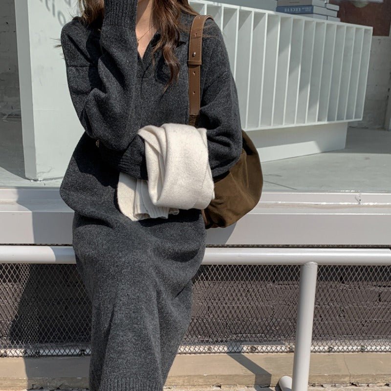 Lazy Style Polo Collar Knit Maxi Dress | Thick Sweater Base Layer Dress(MS157)