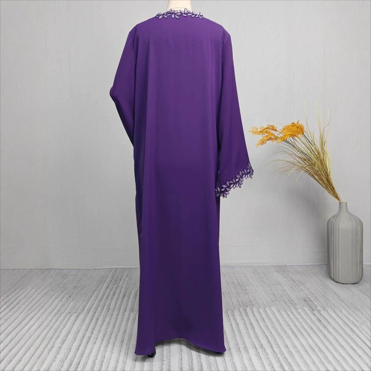 Leaf Lace Trim Abaya | Elegant Embroidered Open-Front Maxi Dress(MOA255)