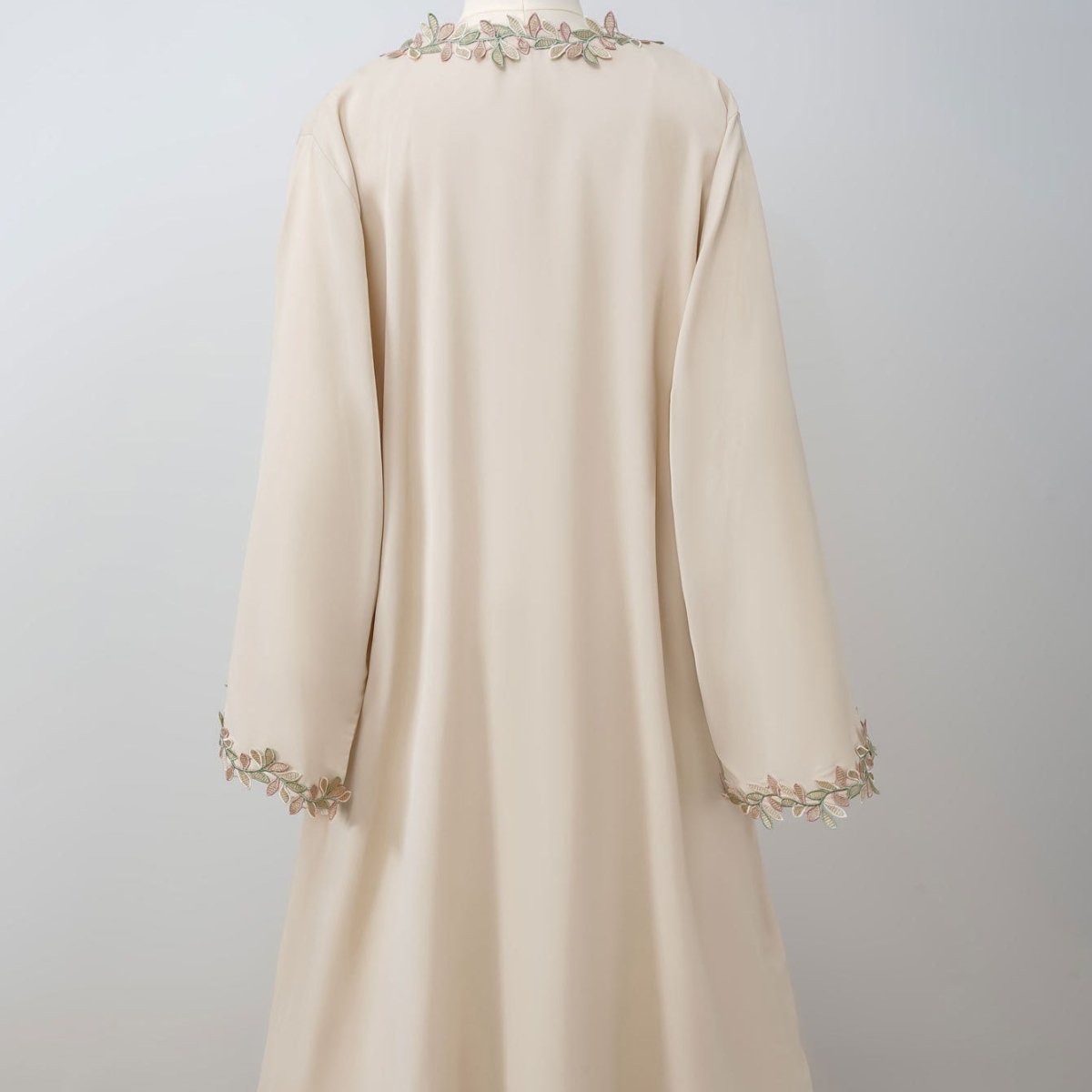 Leaf Lace Trim Abaya | Elegant Embroidered Open-Front Maxi Dress(MOA255)