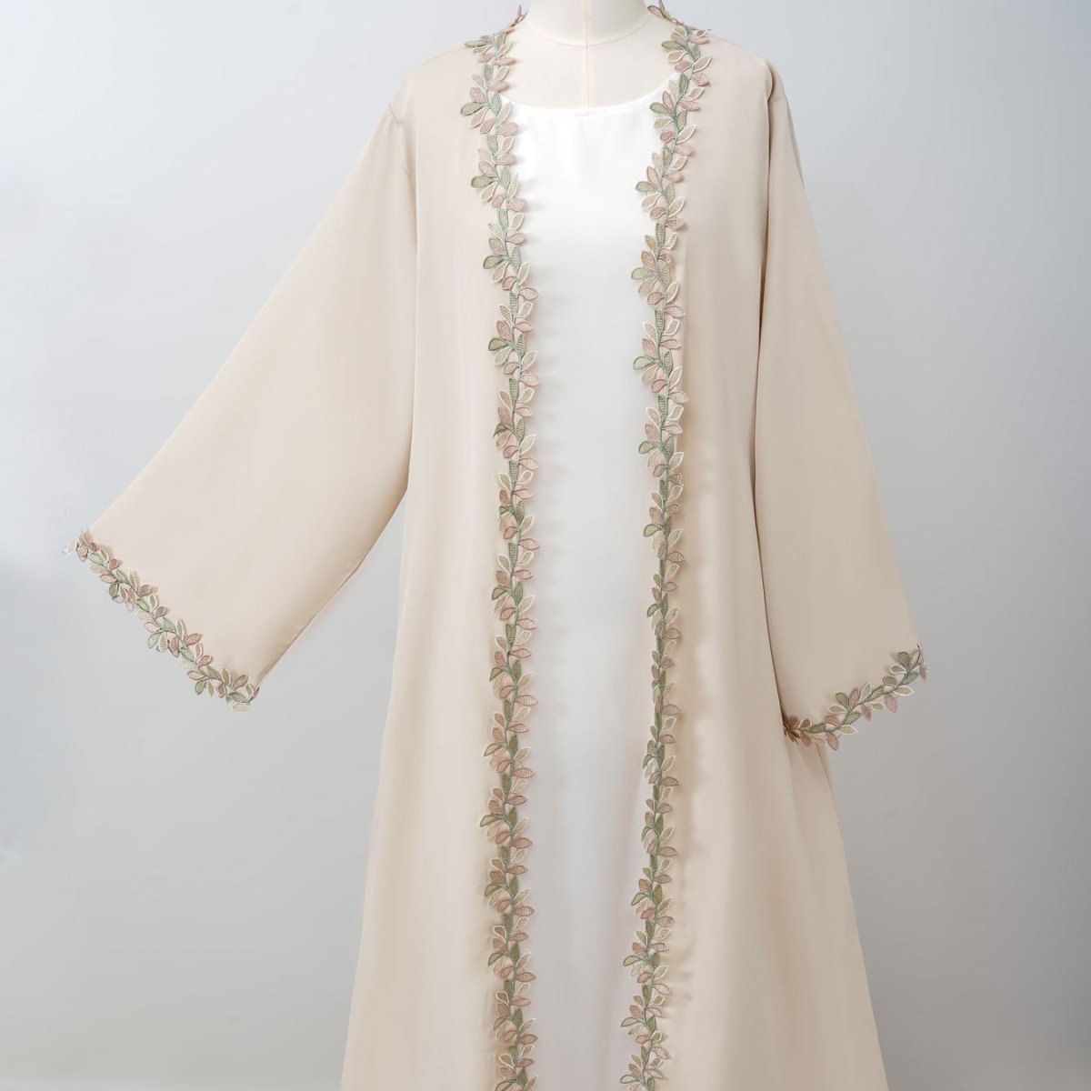 Leaf Lace Trim Abaya | Elegant Embroidered Open-Front Maxi Dress(MOA255)