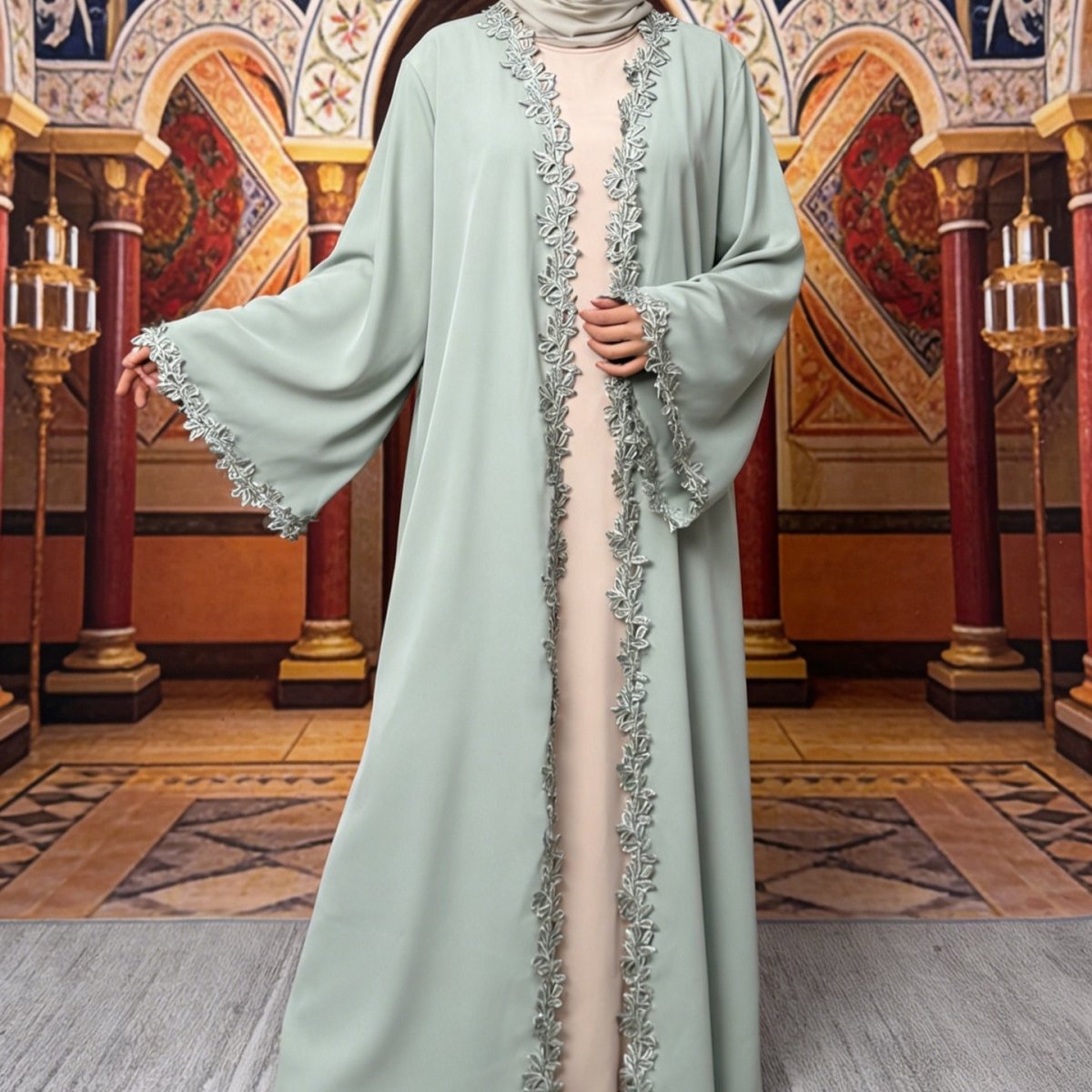 Leaf Lace Trim Abaya | Elegant Embroidered Open-Front Maxi Dress(MOA255)
