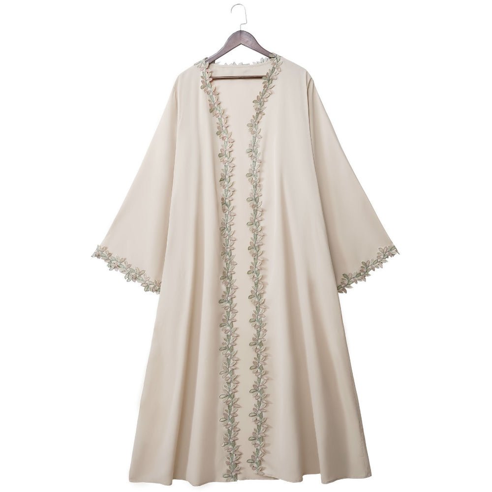 Leaf Lace Trim Abaya | Elegant Embroidered Open-Front Maxi Dress(MOA255)