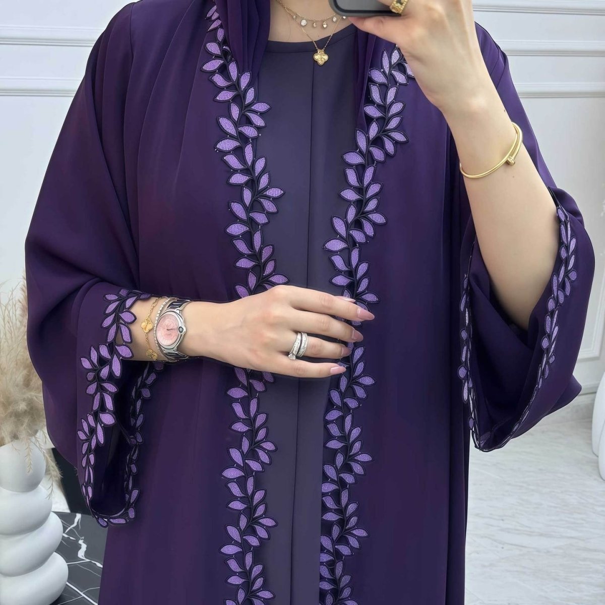 Leaf Lace Trim Abaya | Elegant Embroidered Open-Front Maxi Dress(MOA255)