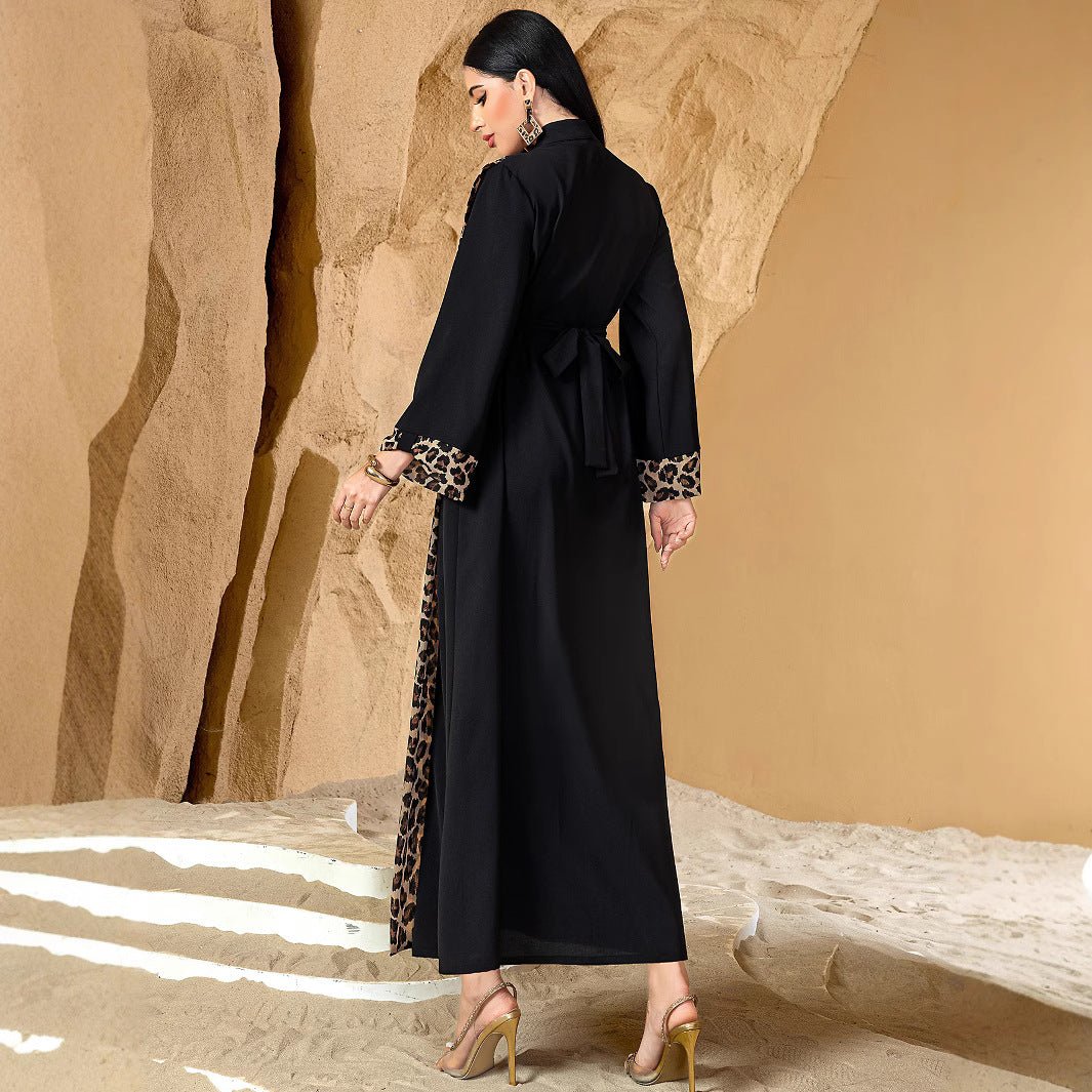 Leopard Print Colorblock Abaya | Deep V-Neck Belted Maxi Dress(MS213)