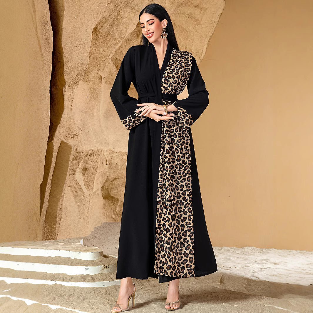Leopard Print Colorblock Abaya | Deep V-Neck Belted Maxi Dress(MS213)