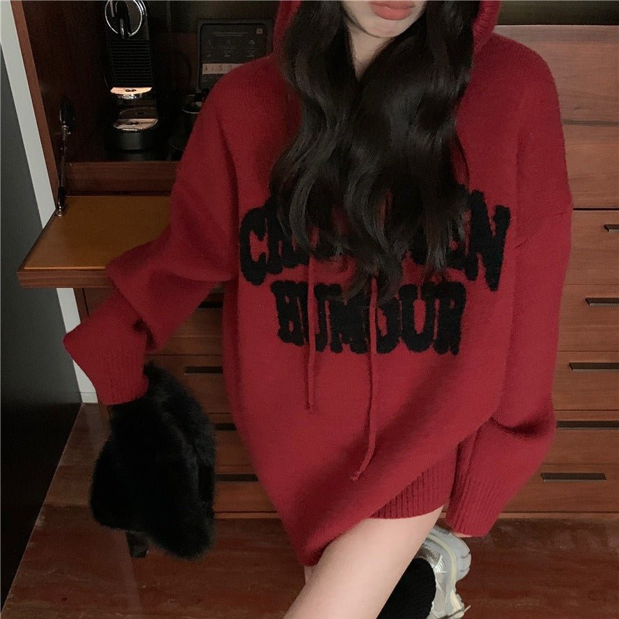 Letter Print Knit Pullover Hooded Sweater Top(MS170)