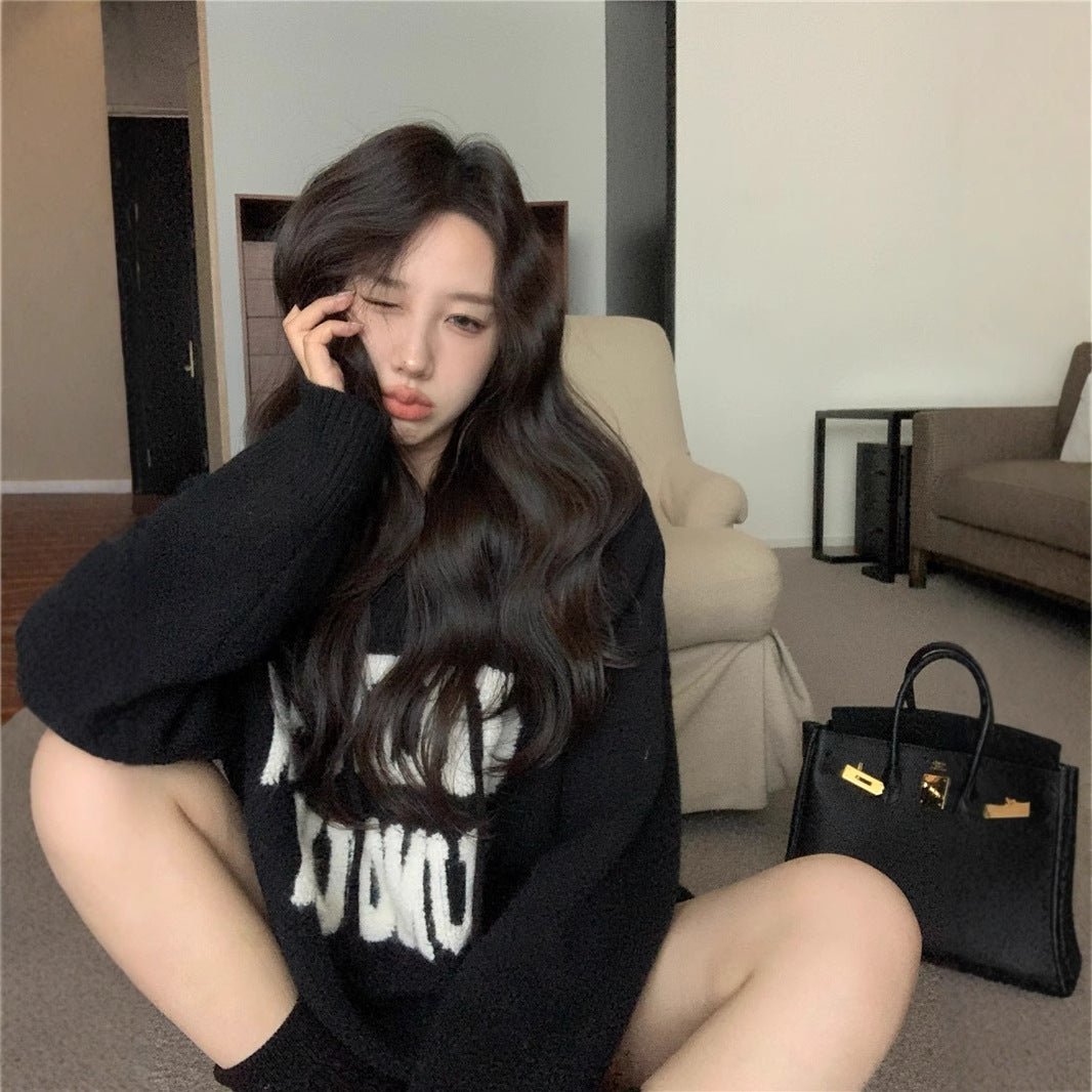 Letter Print Knit Pullover Hooded Sweater Top(MS170)
