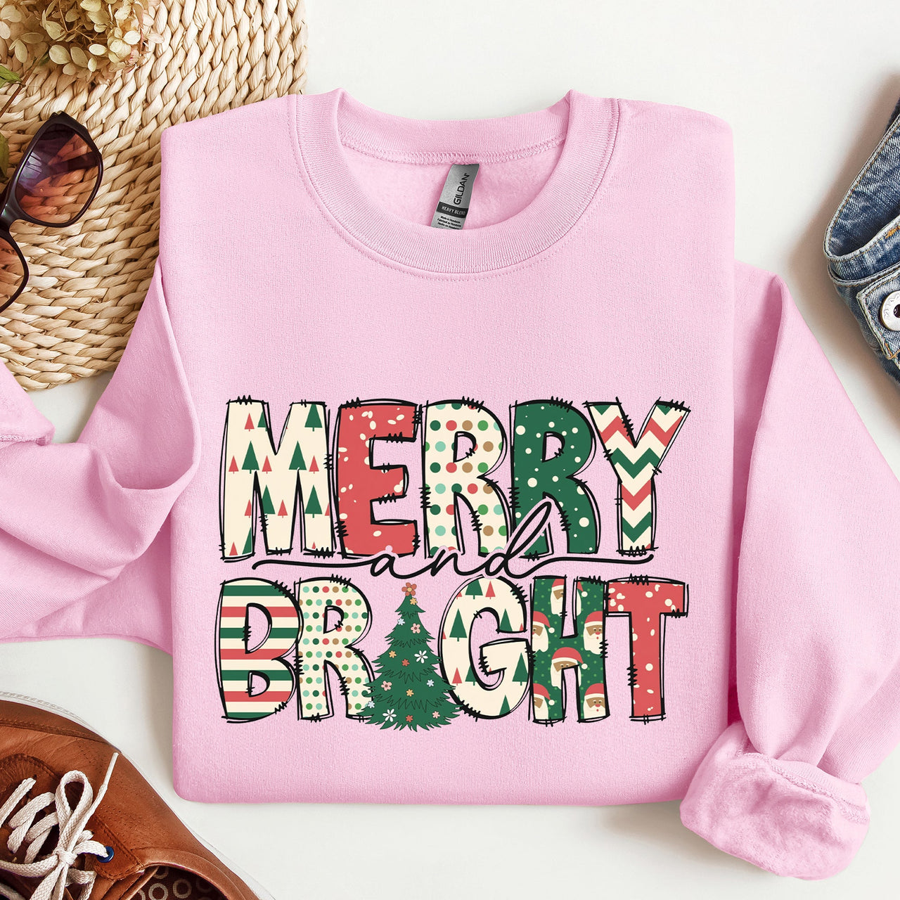 Merry And Bright Christmas Cheer Festive Holiday Lights Snowflake Motif Cozy Cotton Fleece Sweatshirt