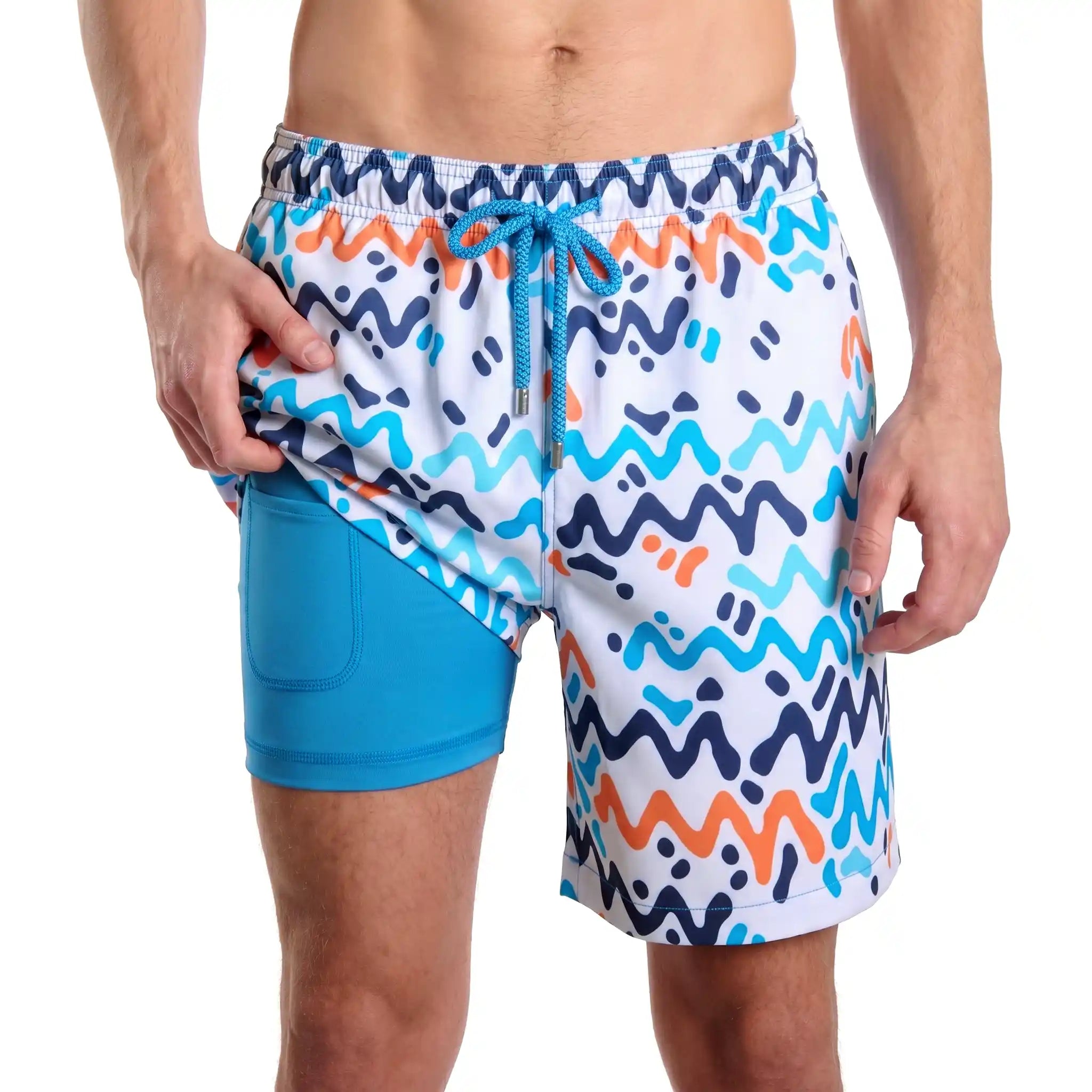 Men’s Premium Compression-Lined Hybrid Shorts – Line Rush-Ocean and Sol