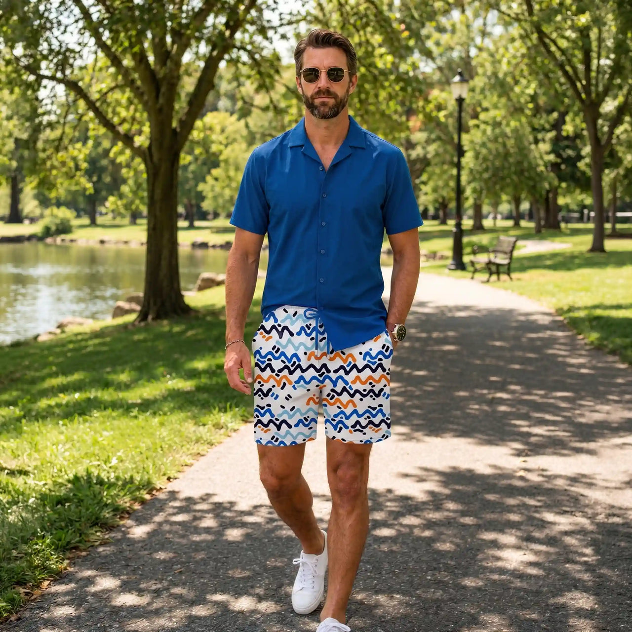 Men’s Premium Compression-Lined Hybrid Shorts – Line Rush-Ocean and Sol