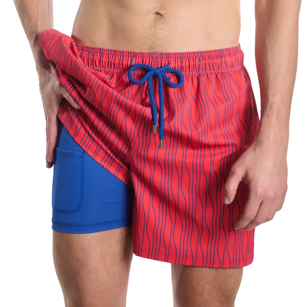Men’s Premium Compression-Lined Hybrid Shorts – Linear Drift-Blaze and Harbor