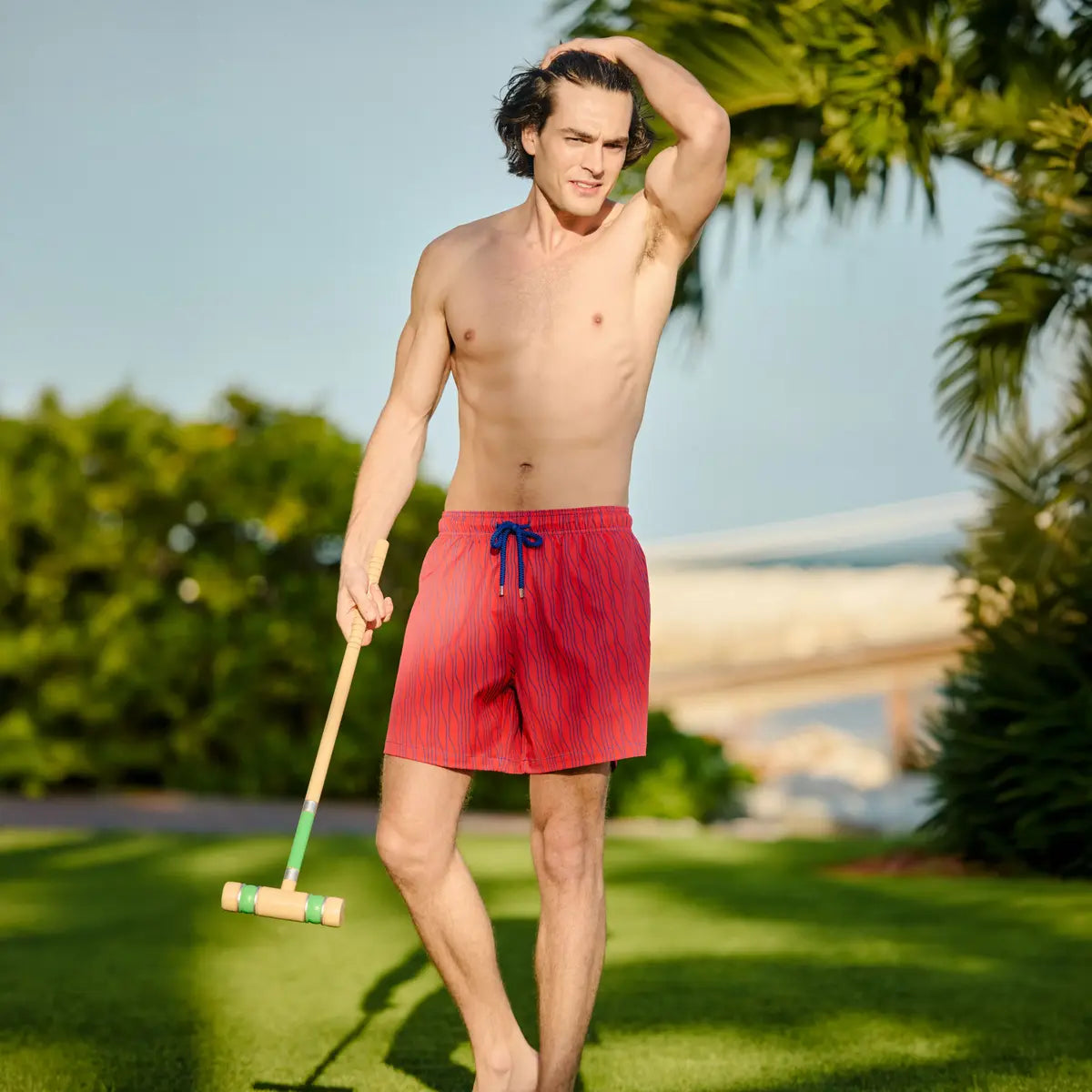 Men’s Premium Compression-Lined Hybrid Shorts – Linear Drift-Blaze and Harbor