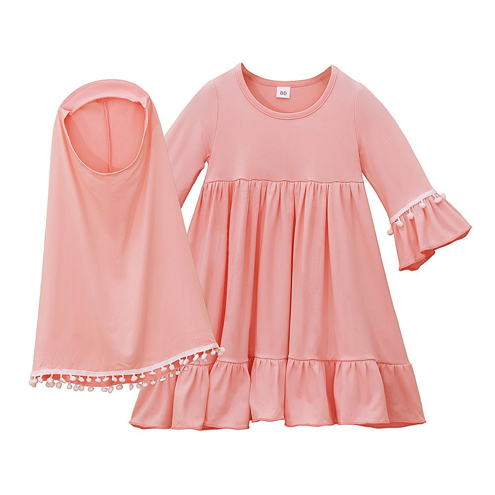 Little Muslimah Girls Dress & Hijab Set with Pom-Pom Trim (MKG028)