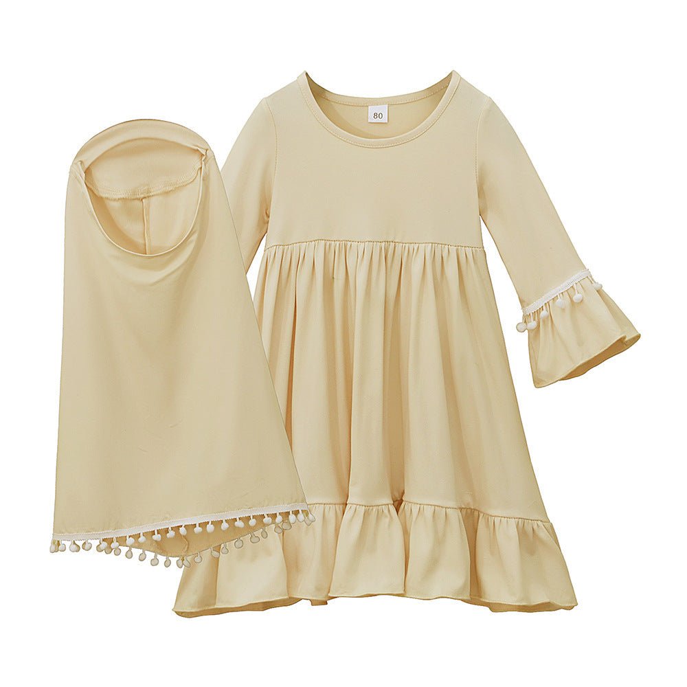 Little Muslimah Girls Dress & Hijab Set with Pom-Pom Trim (MKG028)
