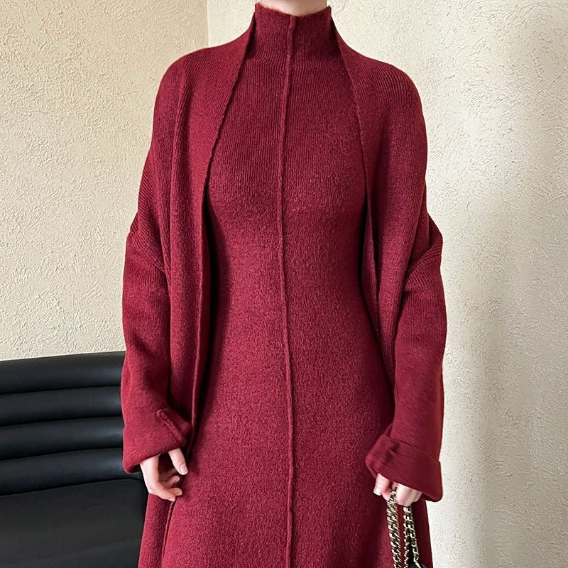 Long Knit Cardigan With Turtleneck Inner Dress For Autumn & Winter (MS177)