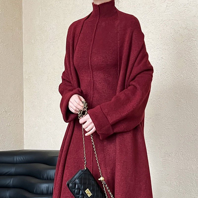 Long Knit Cardigan With Turtleneck Inner Dress For Autumn & Winter (MS177)