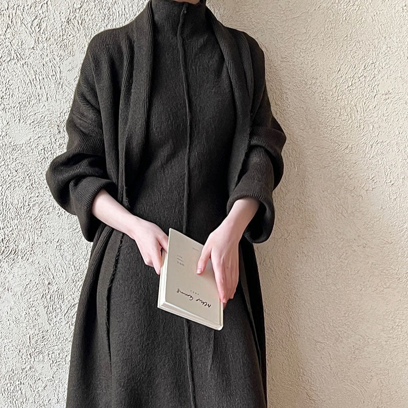 Long Knit Cardigan With Turtleneck Inner Dress For Autumn & Winter (MS177)