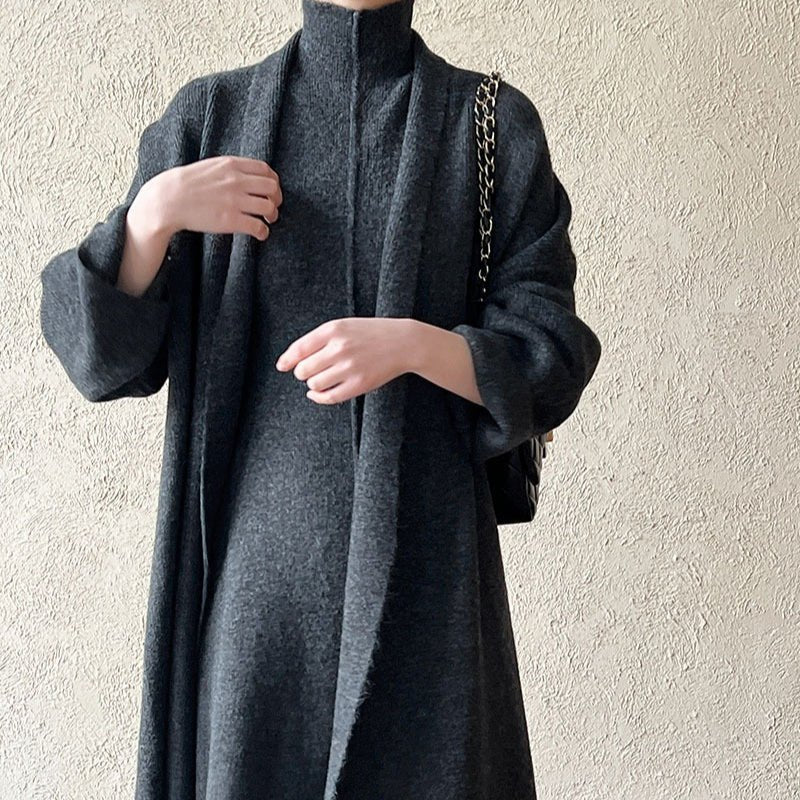 Long Knit Cardigan With Turtleneck Inner Dress For Autumn & Winter (MS177)