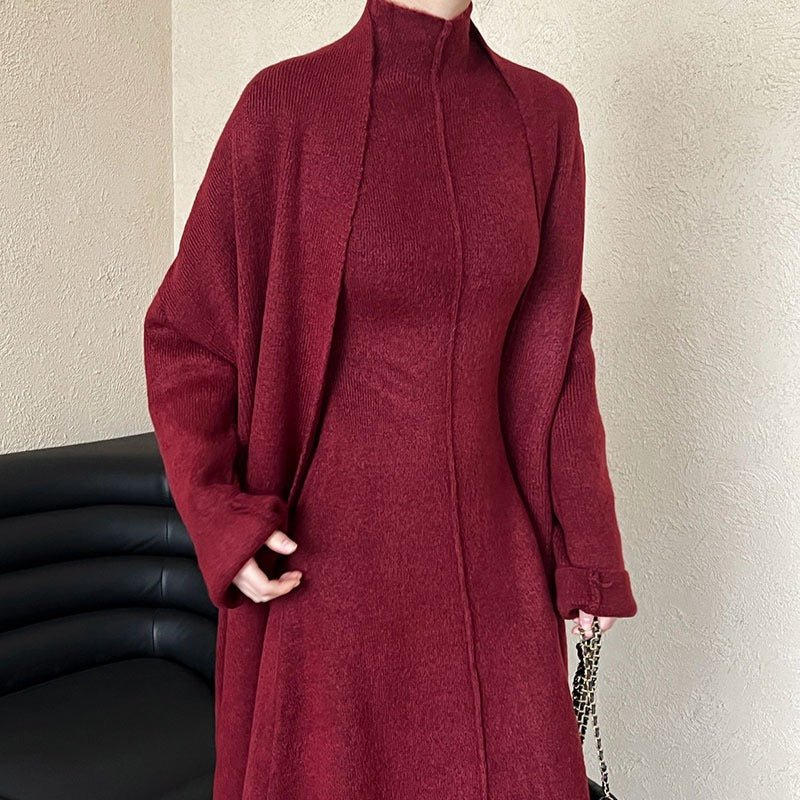 Long Knit Cardigan With Turtleneck Inner Dress For Autumn & Winter (MS177)